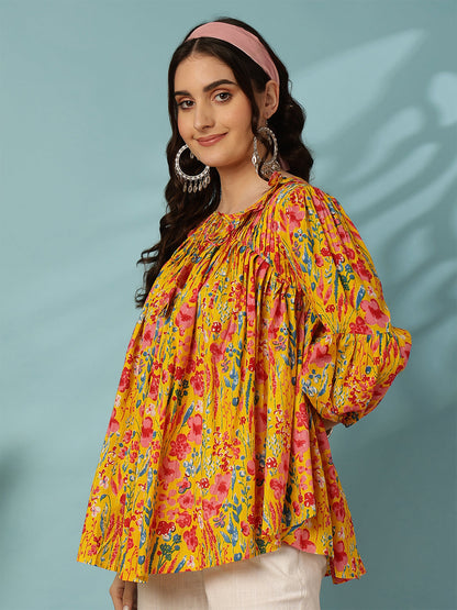 Printed 3/4 Sleeves Regular Pure Cotton (Yellow) Top (Preorder)