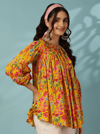 Printed 3/4 Sleeves Regular Pure Cotton (Yellow) Top