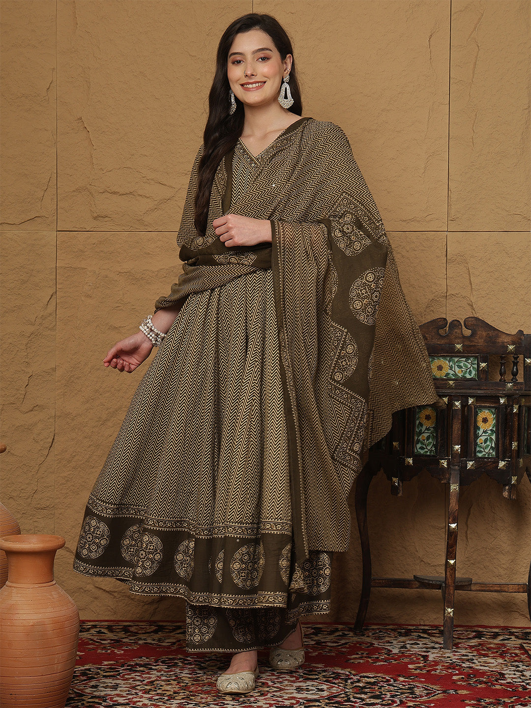 Cotton Calf Length Printed 3/4 Sleeves V-Neck Anarkali Kurta Bottom With Dupatta (Preorder)