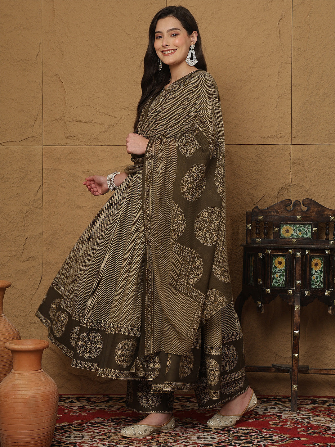 Cotton Calf Length Printed 3/4 Sleeves V-Neck Anarkali Kurta Bottom With Dupatta (Preorder)