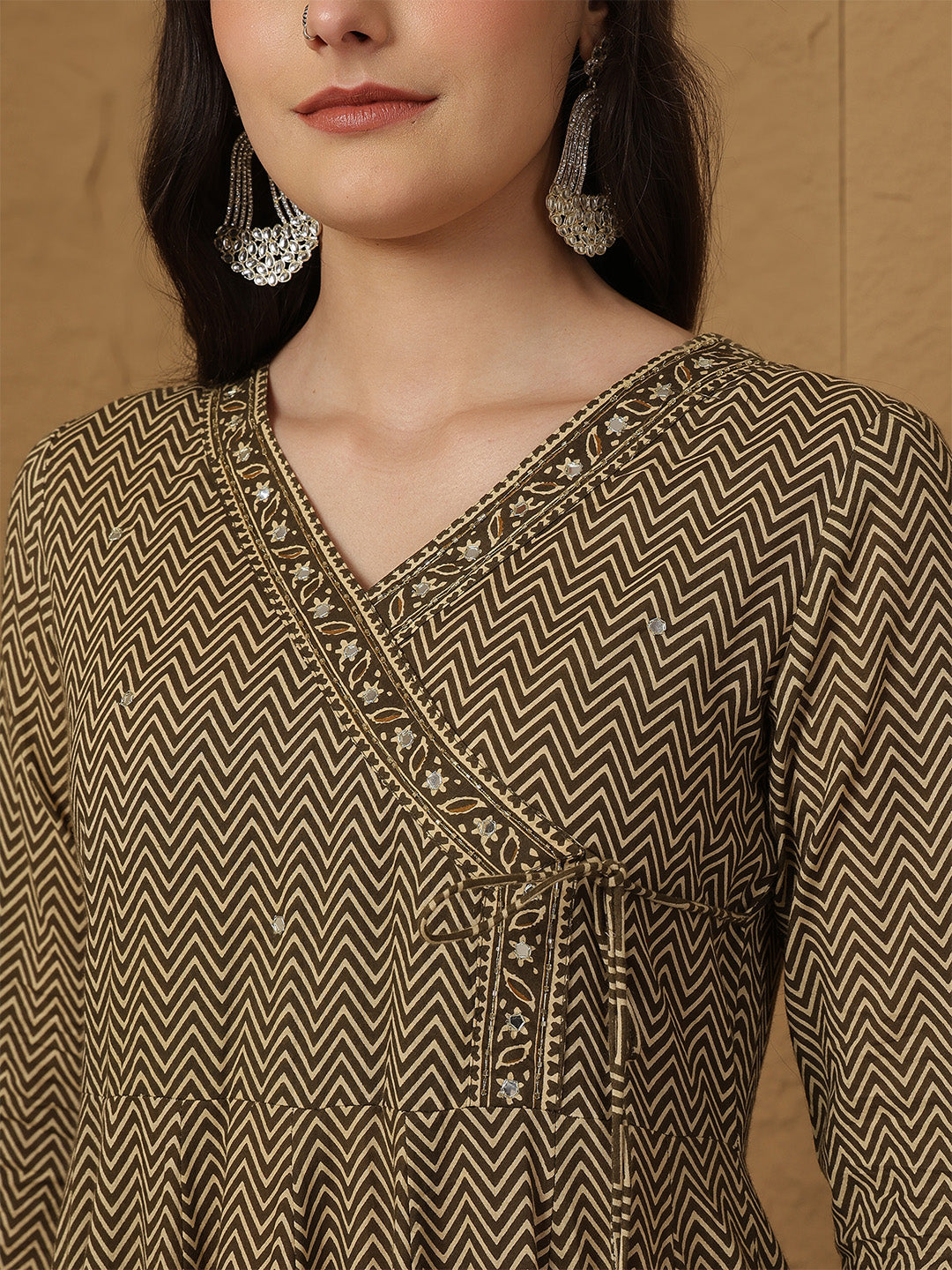 Cotton Calf Length Printed 3/4 Sleeves V-Neck Anarkali Kurta Bottom With Dupatta