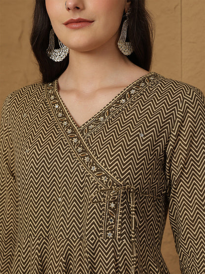 Cotton Calf Length Printed 3/4 Sleeves V-Neck Anarkali Kurta Bottom With Dupatta (Preorder)