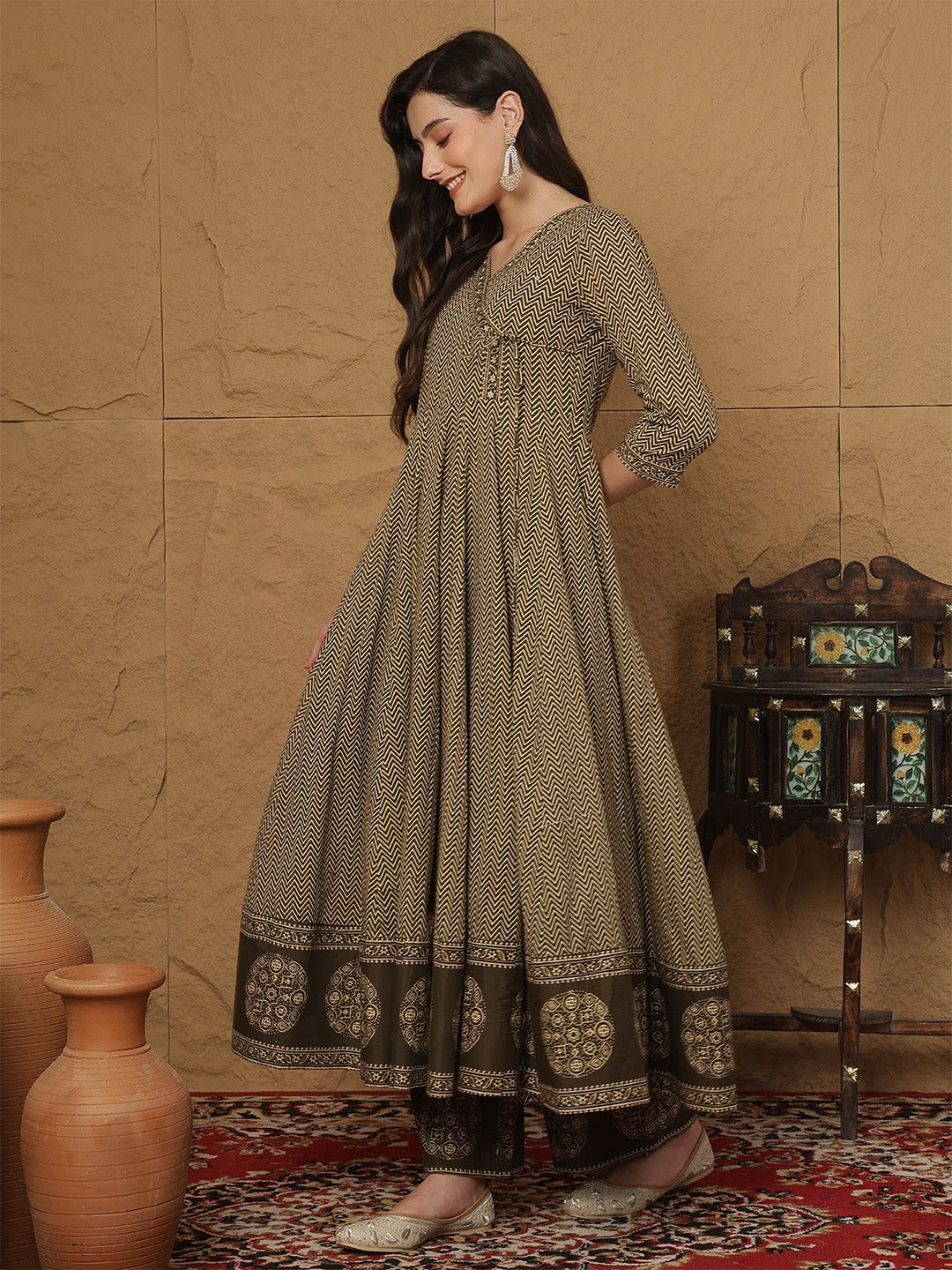 Cotton Calf Length Printed 3/4 Sleeves V-Neck Anarkali Kurta Bottom With Dupatta