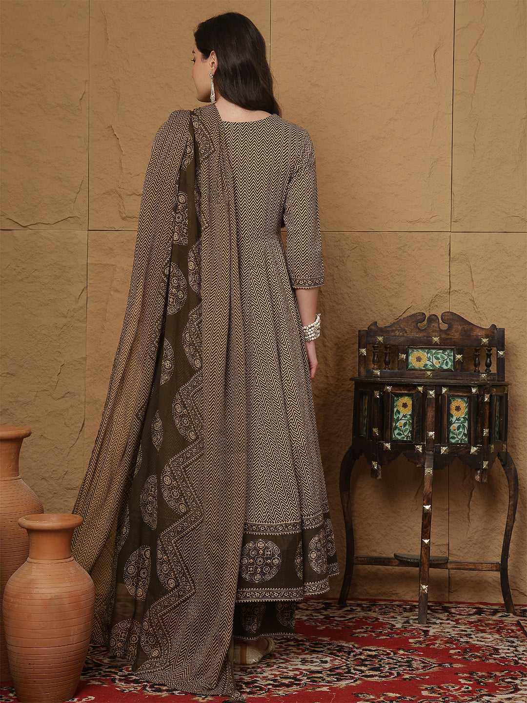 Cotton Calf Length Printed 3/4 Sleeves V-Neck Anarkali Kurta Bottom With Dupatta
