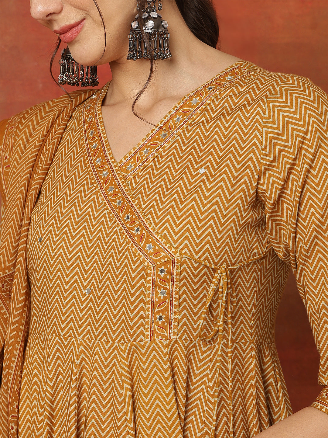 Cotton Calf Length Printed 3/4 Sleeves V-Neck Anarkali Kurta Bottom With Dupatta