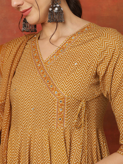 Cotton Calf Length Printed 3/4 Sleeves V-Neck Anarkali Kurta Bottom With Dupatta