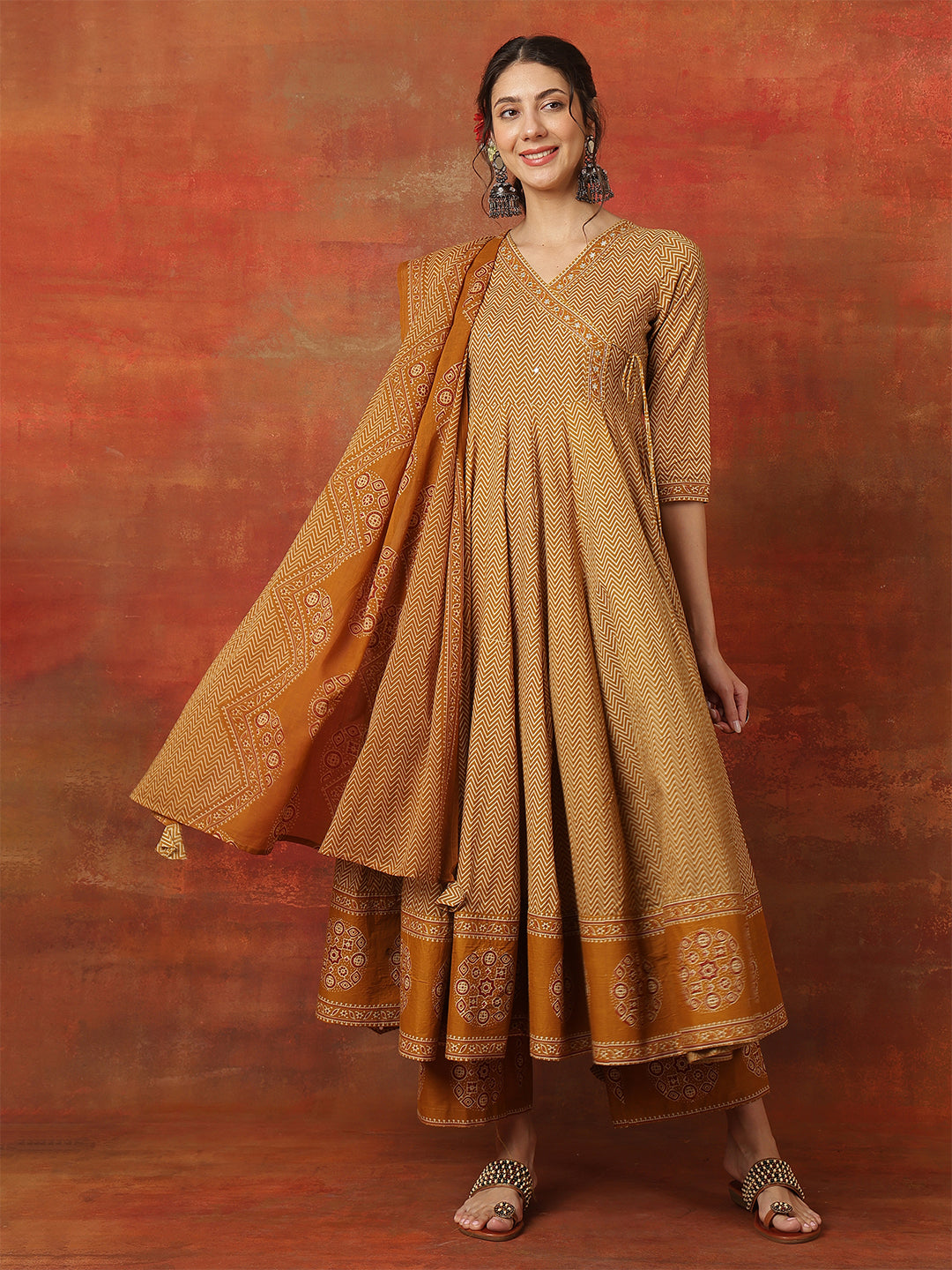 Cotton Calf Length Printed 3/4 Sleeves V-Neck Anarkali Kurta Bottom With Dupatta