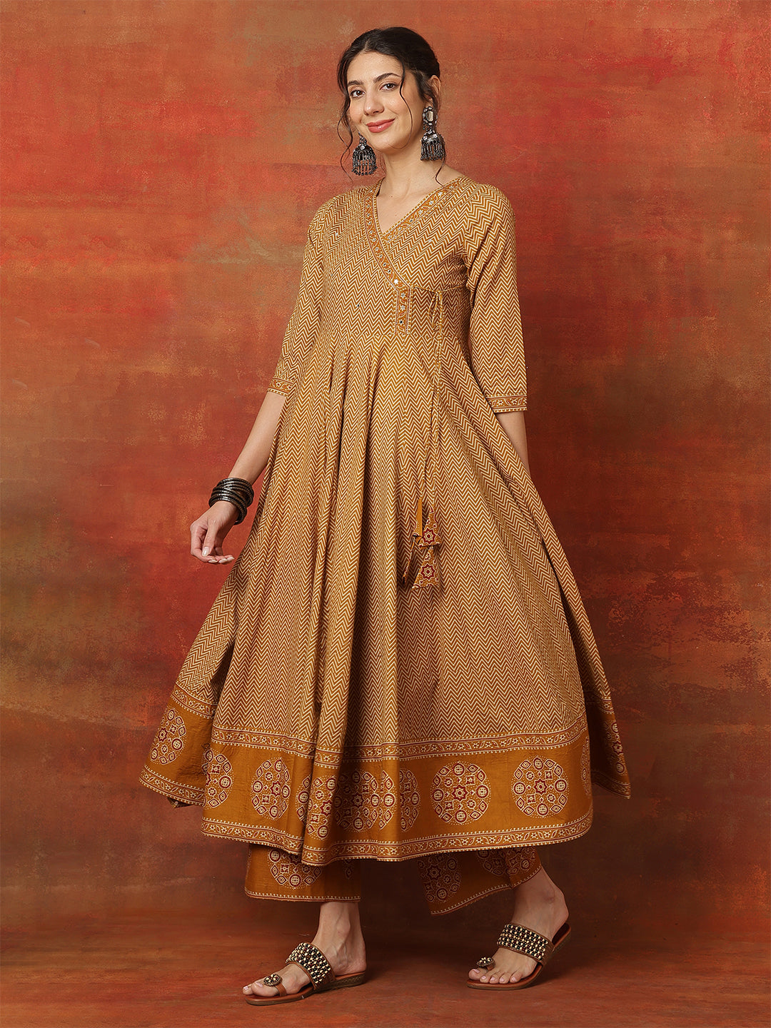 Cotton Calf Length Printed 3/4 Sleeves V-Neck Anarkali Kurta Bottom With Dupatta