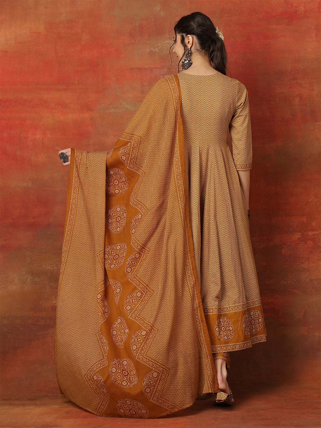 Cotton Calf Length Printed 3/4 Sleeves V-Neck Anarkali Kurta Bottom With Dupatta