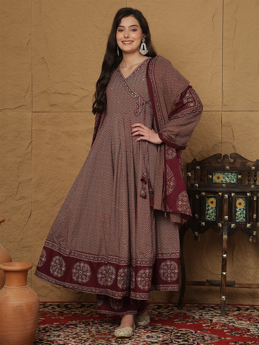 Cotton Calf Length Printed 3/4 Sleeves V-Neck Anarkali Kurta Bottom With Dupatta