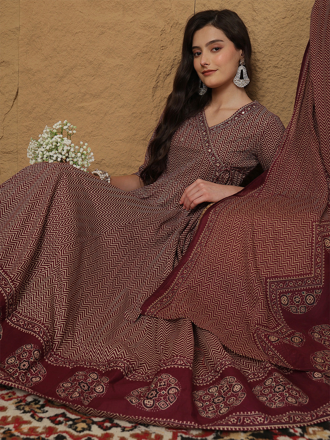 Cotton Calf Length Printed 3/4 Sleeves V-Neck Anarkali Kurta Bottom With Dupatta