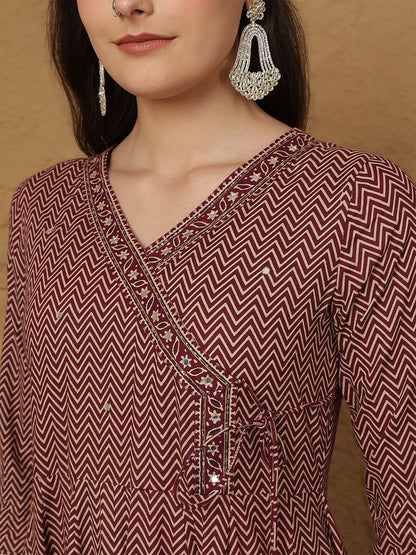Cotton Calf Length Printed 3/4 Sleeves V-Neck Anarkali Kurta Bottom With Dupatta
