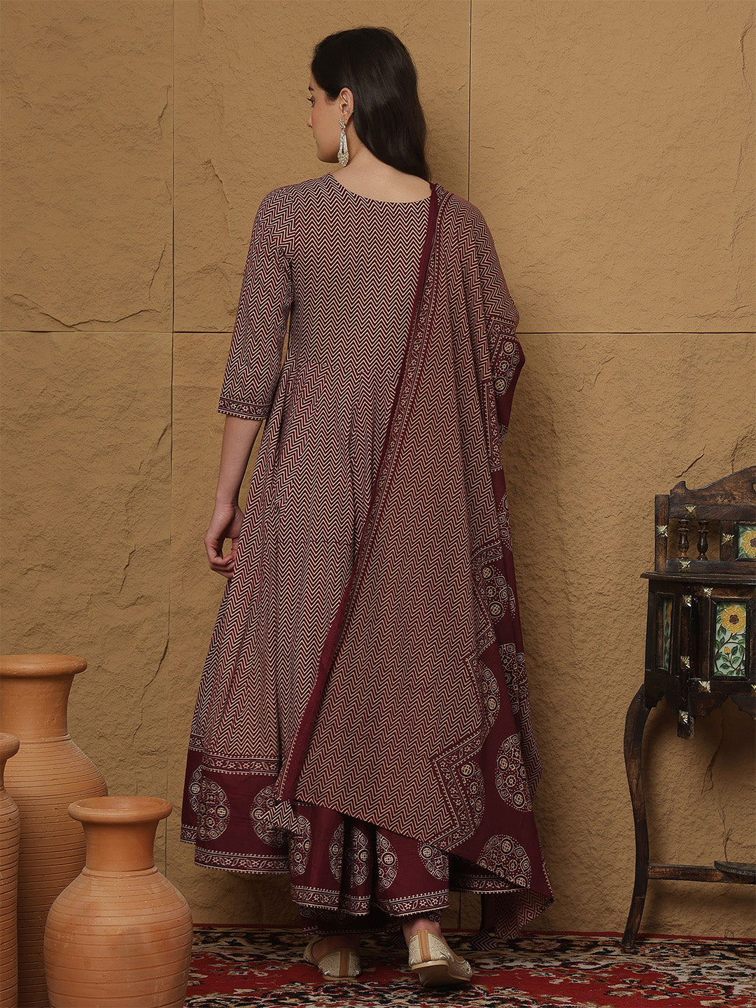 Cotton Calf Length Printed 3/4 Sleeves V-Neck Anarkali Kurta Bottom With Dupatta