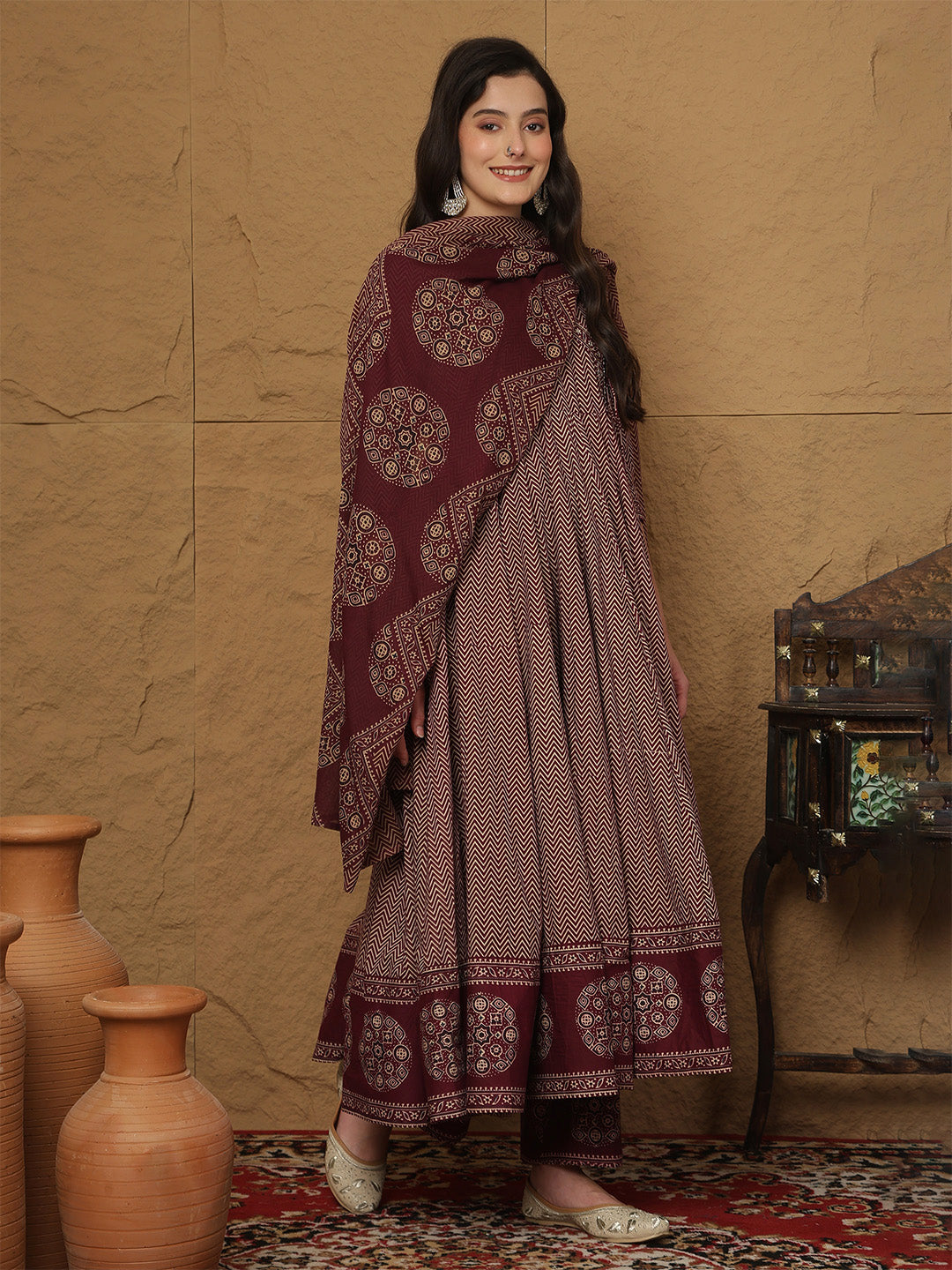 Cotton Calf Length Printed 3/4 Sleeves V-Neck Anarkali Kurta Bottom With Dupatta