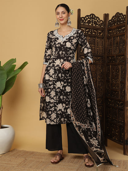 Cotton Calf Length Printed 3/4 Sleeves Round Neck Anarkali Kurta Bottom With Dupatta