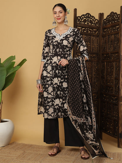 Cotton Calf Length Printed 3/4 Sleeves Round Neck Anarkali Kurta Bottom With Dupatta (Preorder)
