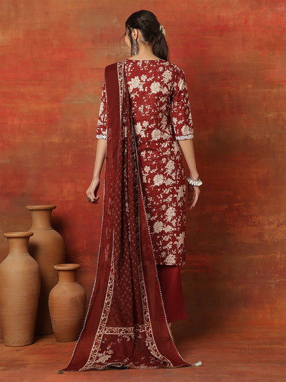 Cotton Calf Length Printed 3/4 Sleeves Round Neck Anarkali Kurta Bottom With Dupatta