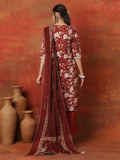 Cotton Calf Length Printed 3/4 Sleeves Round Neck Anarkali Kurta Bottom With Dupatta (Preorder)