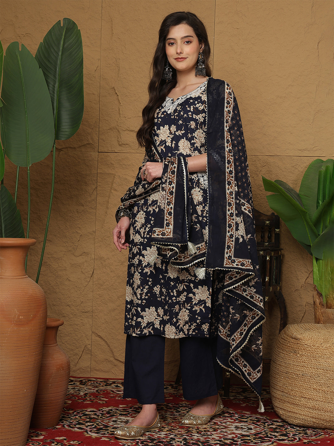 Cotton Calf Length Printed 3/4 Sleeves Round Neck Straight Kurta Bottom With Dupatta