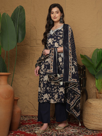 Cotton Calf Length Printed 3/4 Sleeves Round Neck Straight Kurta Bottom With Dupatta