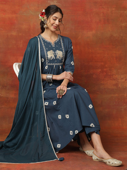 Rayon Calf Length Printed 3/4 Sleeves Round Neck Semi-Flared Kurta Bottom With Dupatta