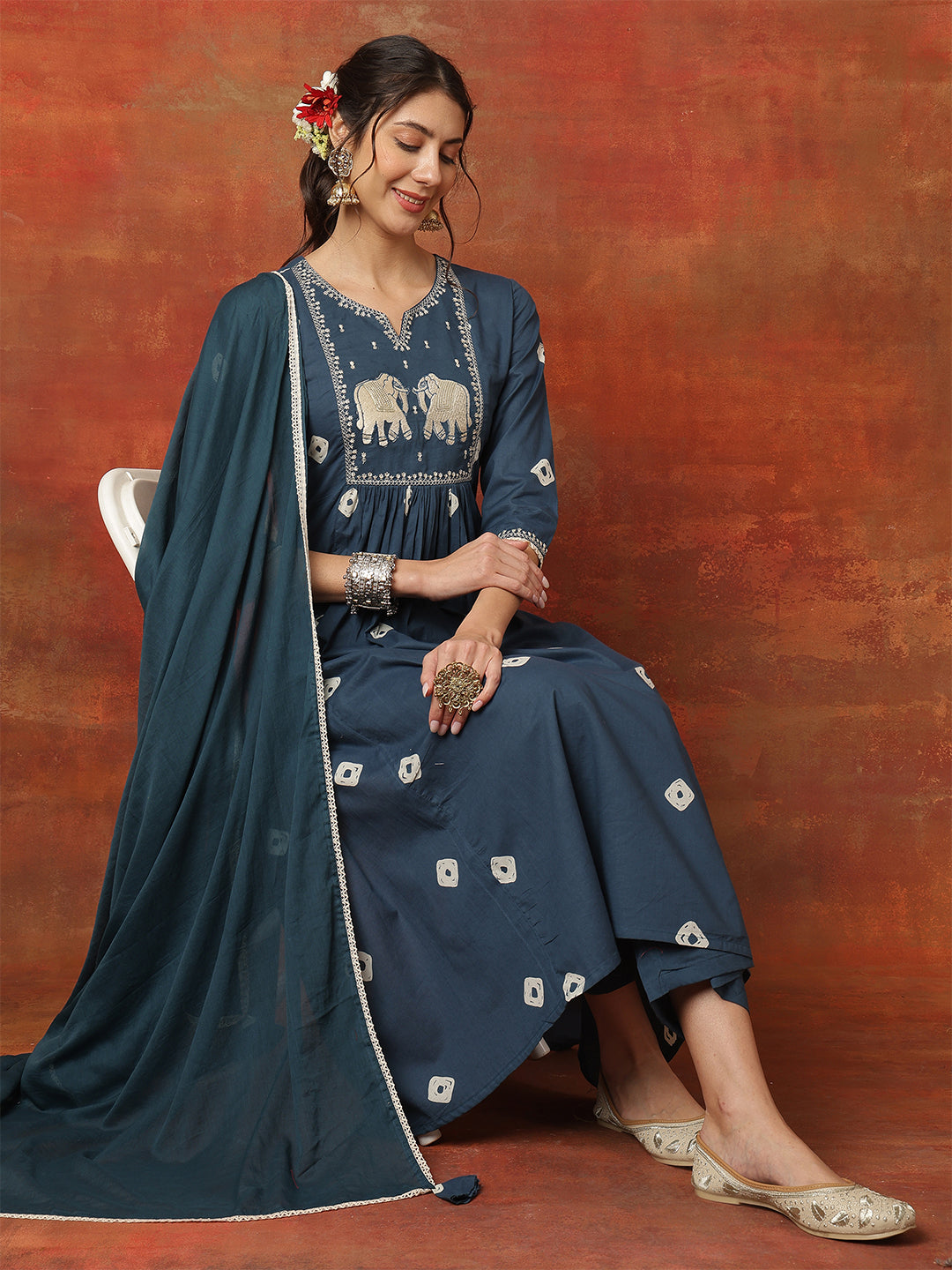 Rayon Calf Length Printed 3/4 Sleeves Round Neck Semi-Flared Kurta Bottom With Dupatta (Preorder)