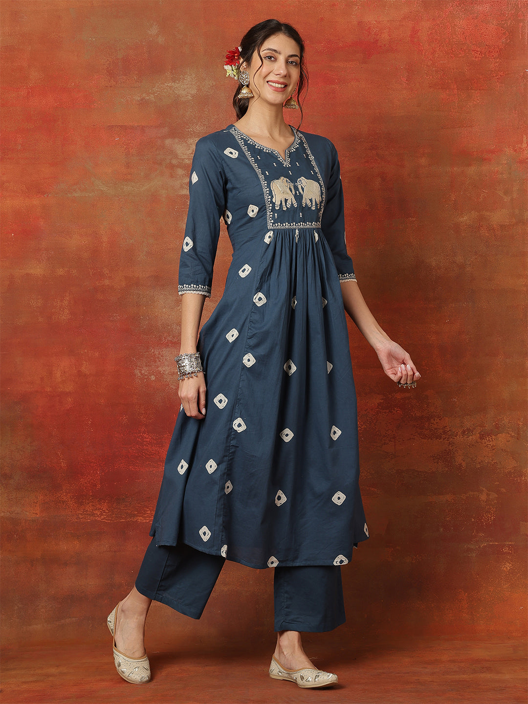 Rayon Calf Length Printed 3/4 Sleeves Round Neck Semi-Flared Kurta Bottom With Dupatta (Preorder)