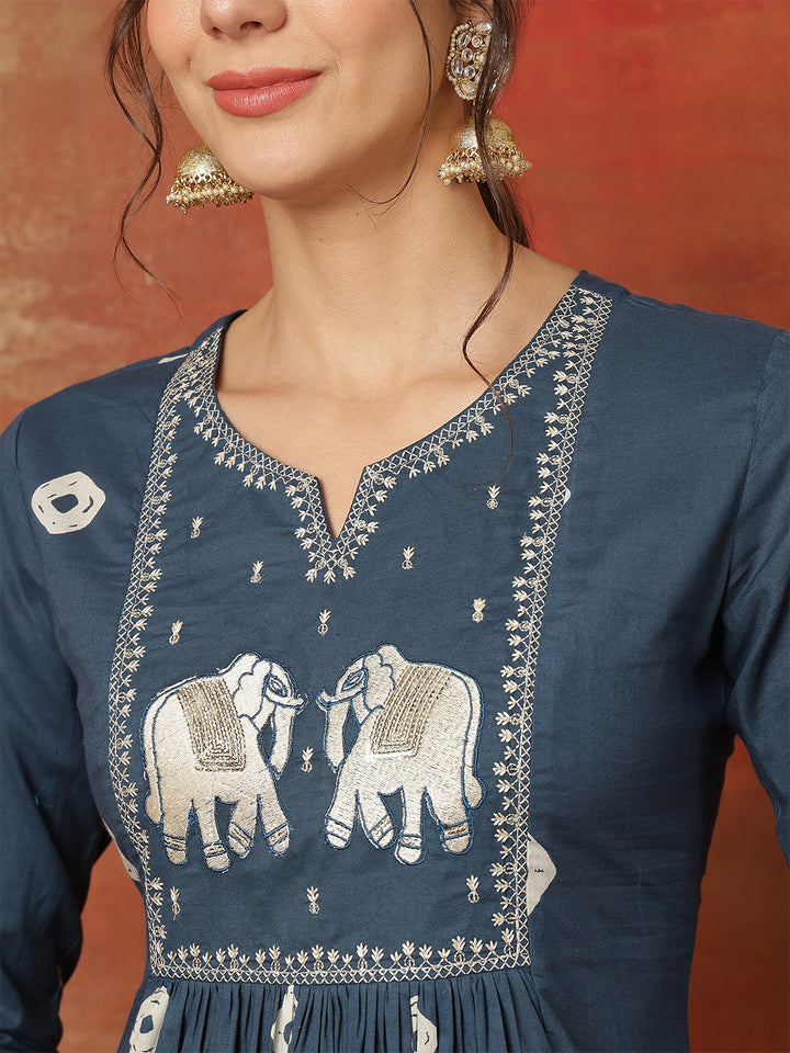 Rayon Calf Length Printed 3/4 Sleeves Round Neck Semi-Flared Kurta Bottom With Dupatta