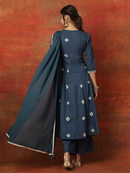 Rayon Calf Length Printed 3/4 Sleeves Round Neck Semi-Flared Kurta Bottom With Dupatta