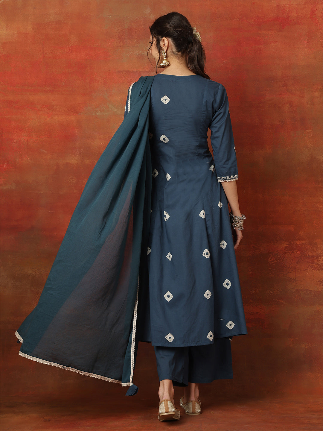 Rayon Calf Length Printed 3/4 Sleeves Round Neck Semi-Flared Kurta Bottom With Dupatta (Preorder)