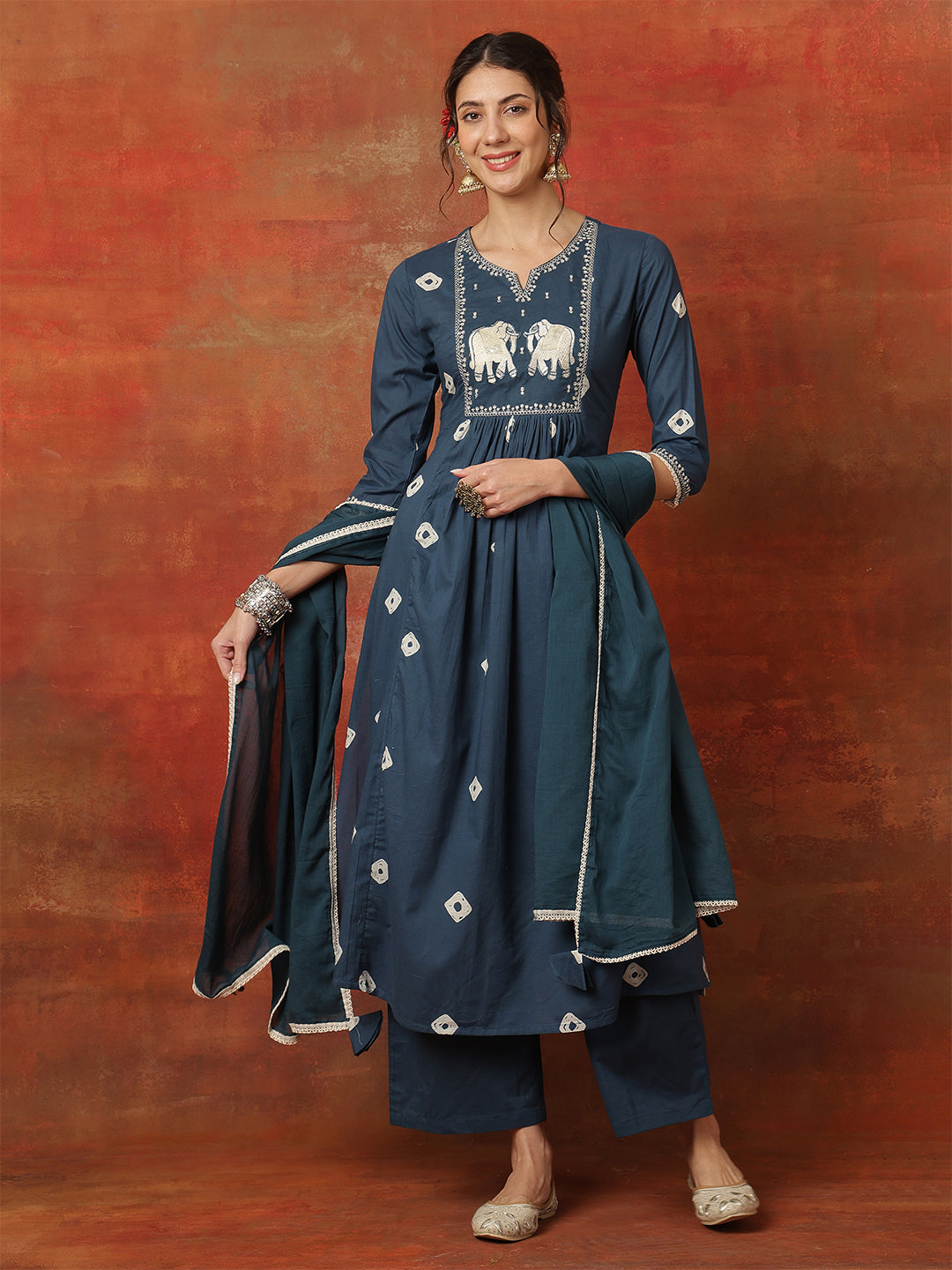 Rayon Calf Length Printed 3/4 Sleeves Round Neck Semi-Flared Kurta Bottom With Dupatta