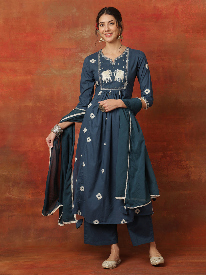 Rayon Calf Length Printed 3/4 Sleeves Round Neck Semi-Flared Kurta Bottom With Dupatta