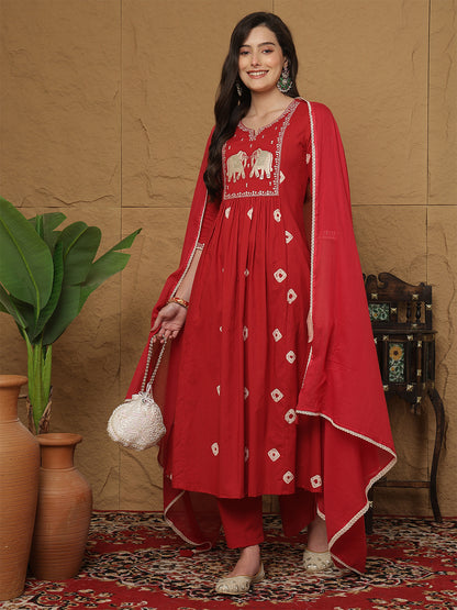 Rayon Calf Length Printed 3/4 Sleeves Round Neck Semi-Flared Kurta Bottom With Dupatta