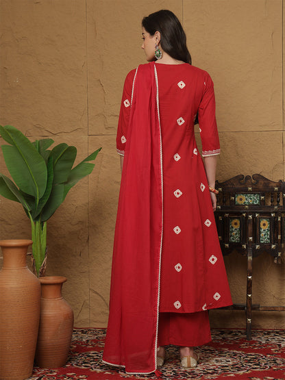 Rayon Calf Length Printed 3/4 Sleeves Round Neck Semi-Flared Kurta Bottom With Dupatta (Preorder)