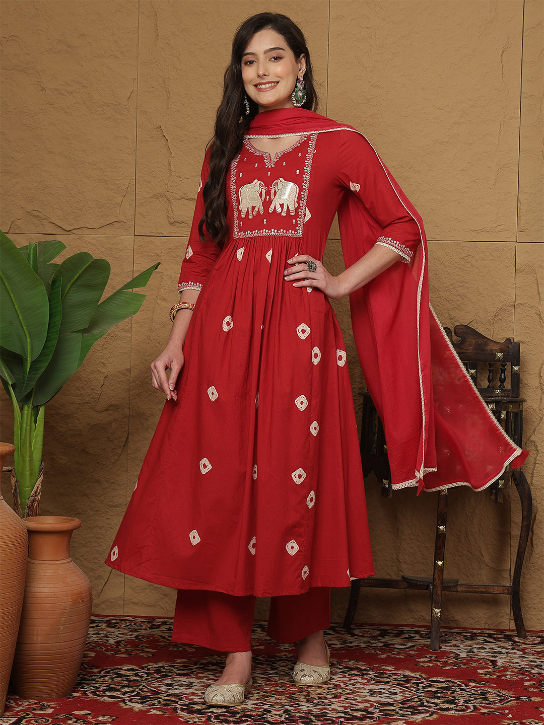 Rayon Calf Length Printed 3/4 Sleeves Round Neck Semi-Flared Kurta Bottom With Dupatta