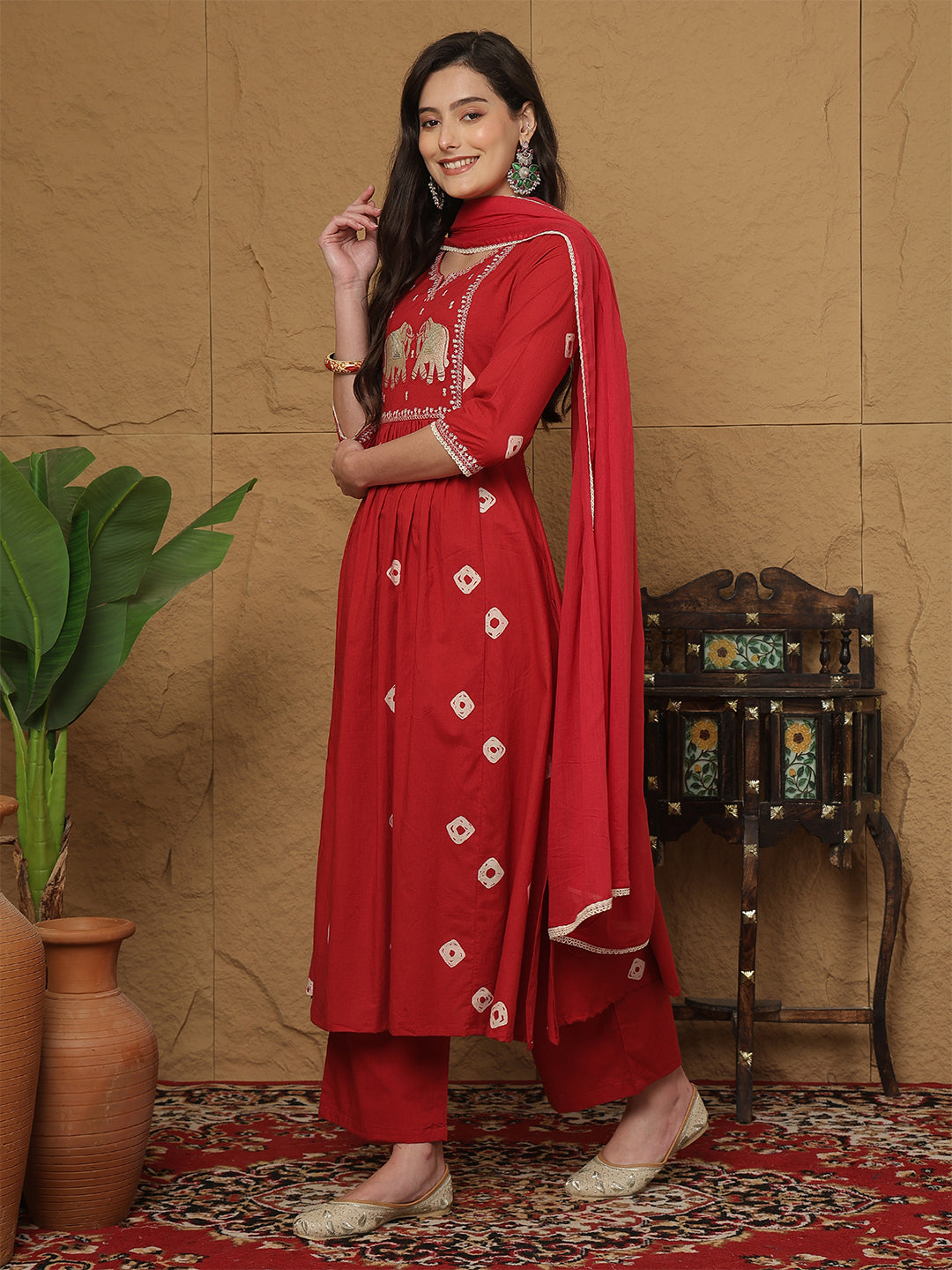 Rayon Calf Length Printed 3/4 Sleeves Round Neck Semi-Flared Kurta Bottom With Dupatta
