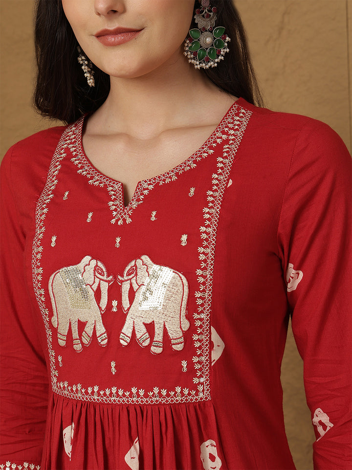 Rayon Calf Length Printed 3/4 Sleeves Round Neck Semi-Flared Kurta Bottom With Dupatta