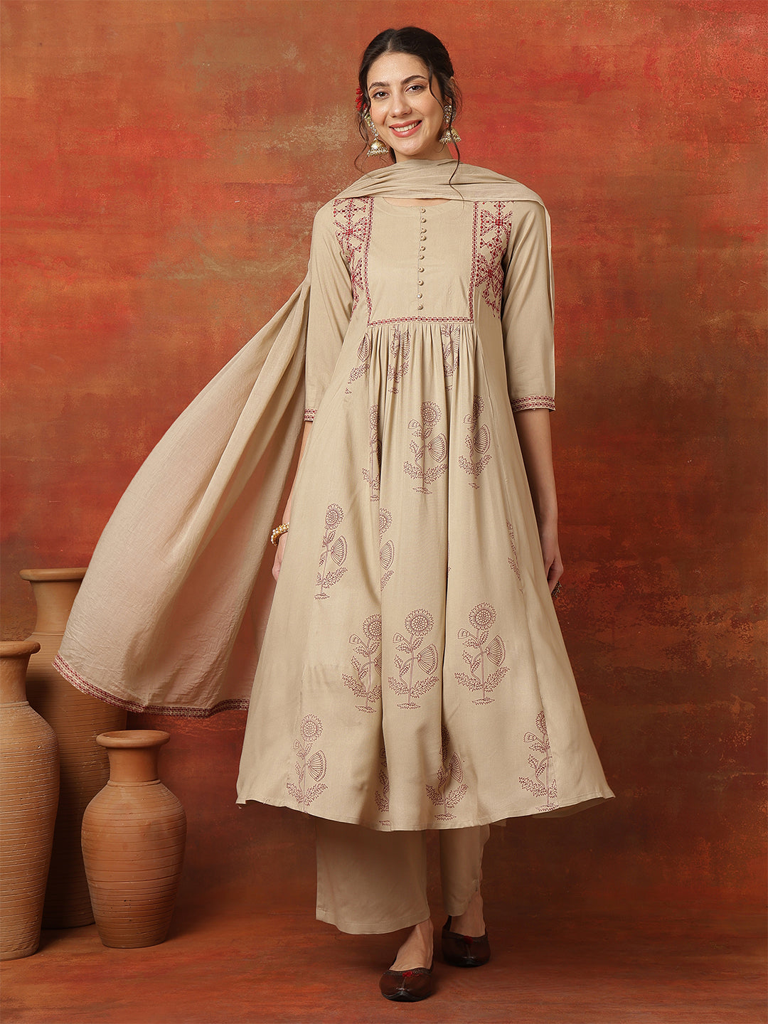 Rayon Calf Length Printed 3/4 Sleeves Round Neck Semi-Flared Kurta Bottom With Dupatta