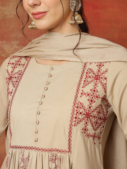 Rayon Calf Length Printed 3/4 Sleeves Round Neck Semi-Flared Kurta Bottom With Dupatta