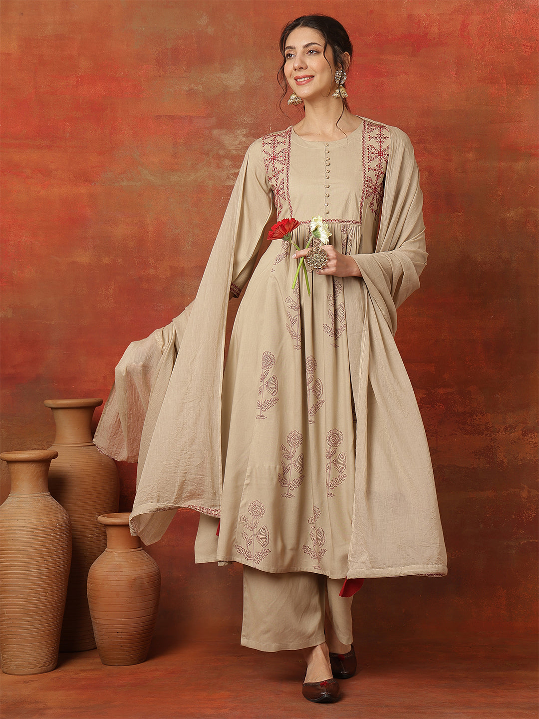 Rayon Calf Length Printed 3/4 Sleeves Round Neck Semi-Flared Kurta Bottom With Dupatta