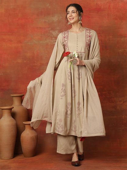 Rayon Calf Length Printed 3/4 Sleeves Round Neck Semi-Flared Kurta Bottom With Dupatta (Preorder)