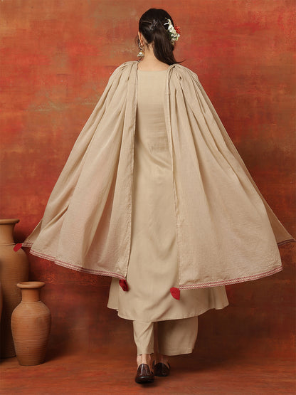 Rayon Calf Length Printed 3/4 Sleeves Round Neck Semi-Flared Kurta Bottom With Dupatta