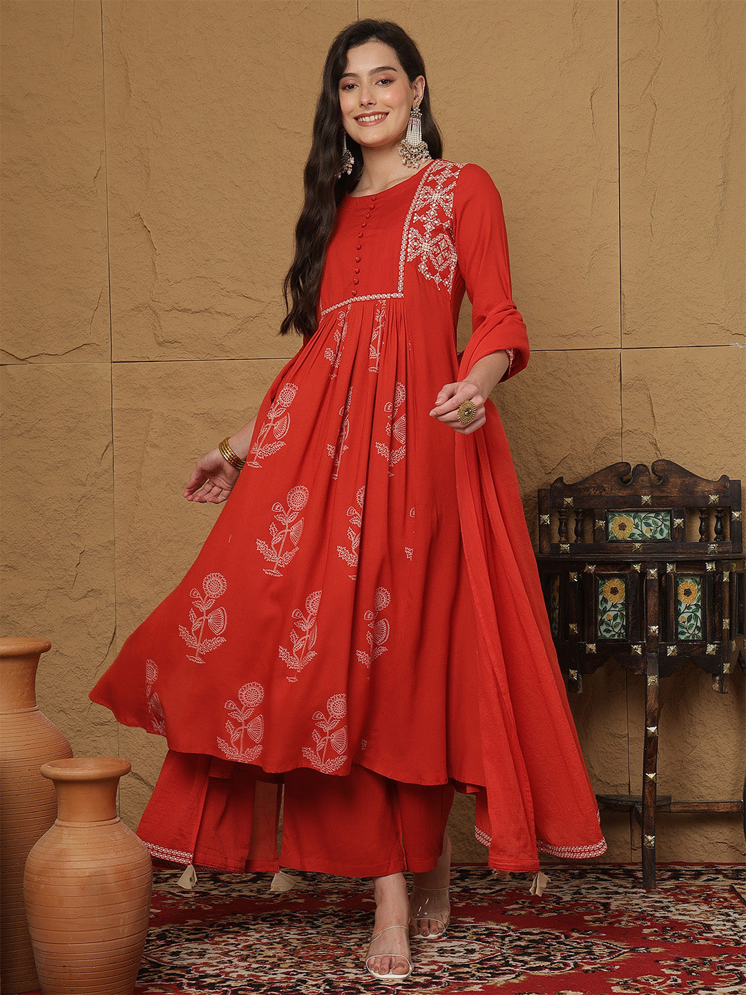 Rayon Calf Length Printed 3/4 Sleeves Round Neck Semi-Flared Kurta Bottom With Dupatta