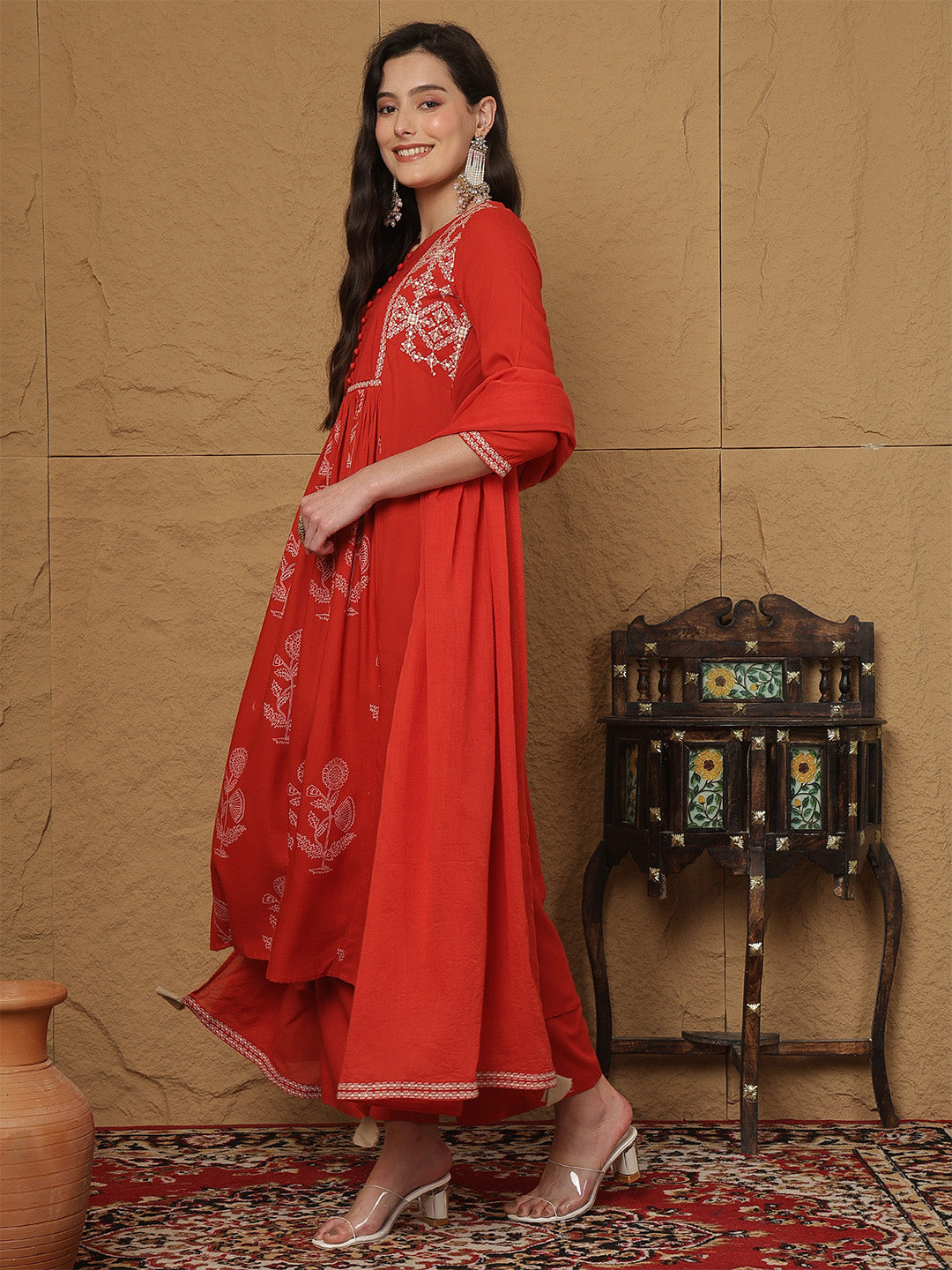 Rayon Calf Length Printed 3/4 Sleeves Round Neck Semi-Flared Kurta Bottom With Dupatta