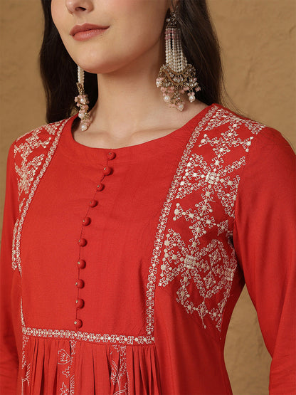Rayon Calf Length Printed 3/4 Sleeves Round Neck Semi-Flared Kurta Bottom With Dupatta (Preorder)