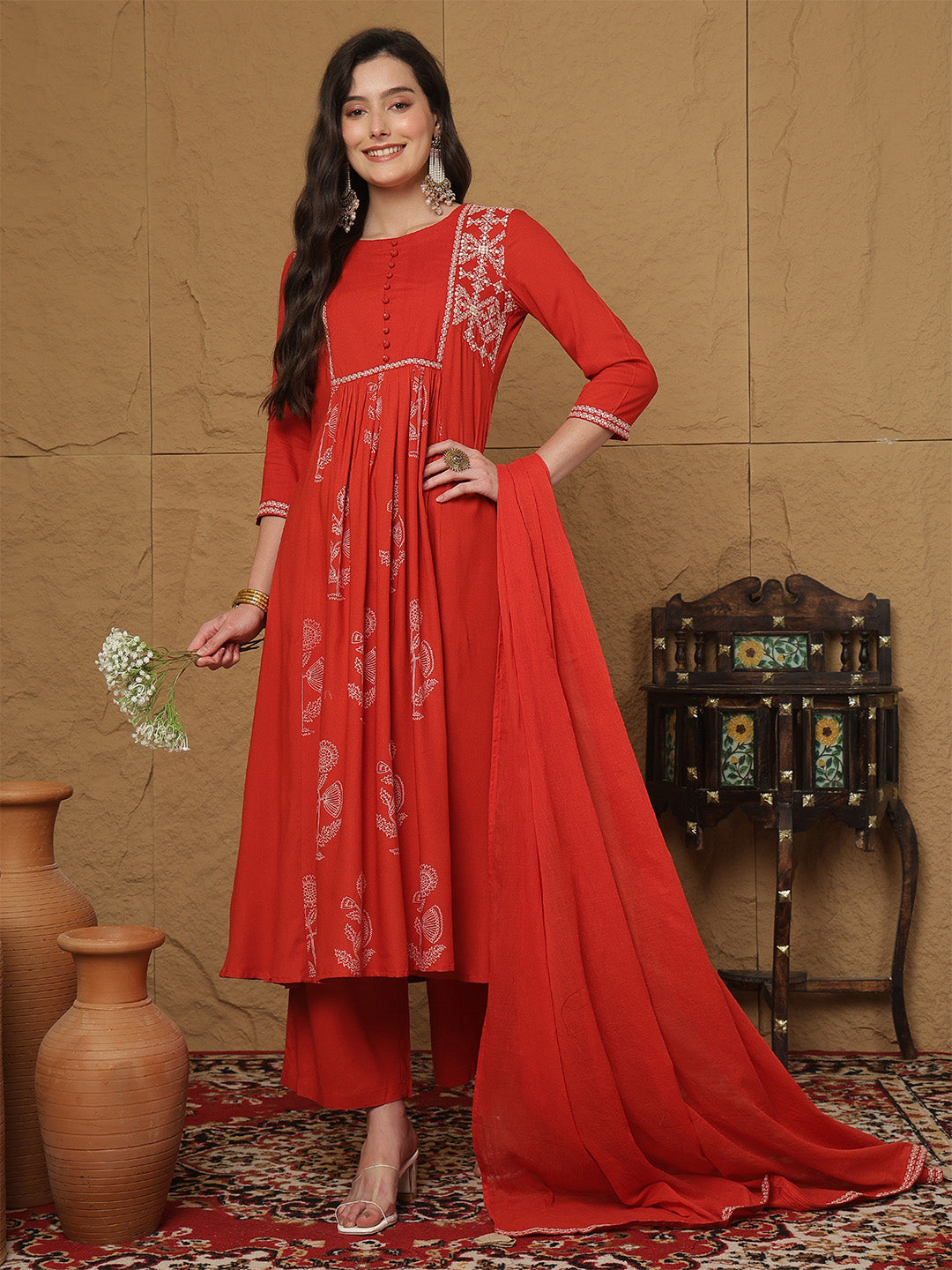 Rayon Calf Length Printed 3/4 Sleeves Round Neck Semi-Flared Kurta Bottom With Dupatta (Preorder)