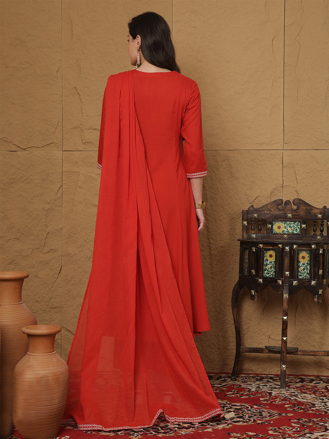 Rayon Calf Length Printed 3/4 Sleeves Round Neck Semi-Flared Kurta Bottom With Dupatta (Preorder)