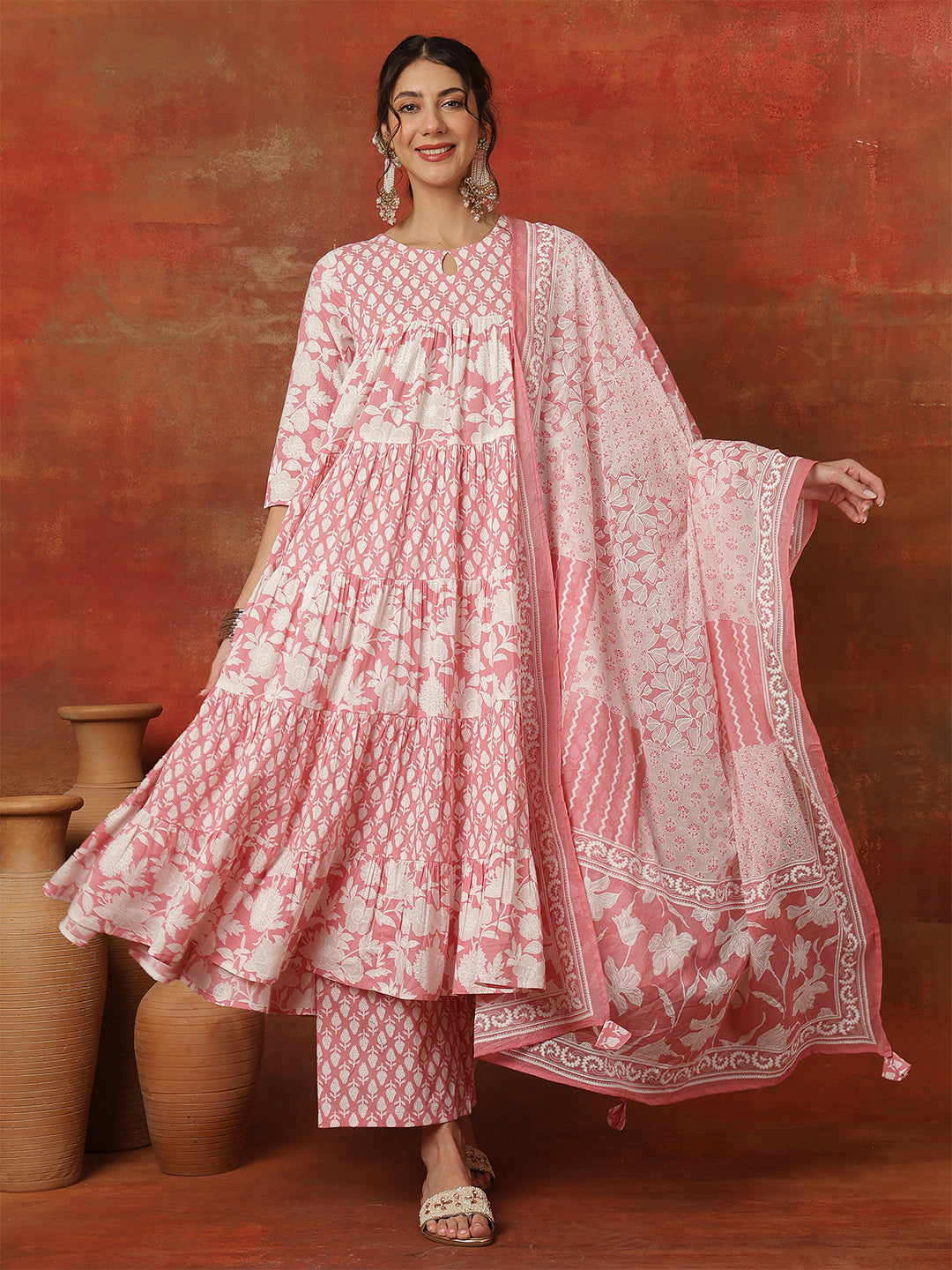 Cotton Ankle  Length Printed 3/4 Sleeves Round Neck Full Flared Kurta Bottom With Dupatta