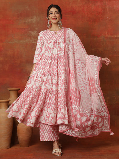 Cotton Ankle  Length Printed 3/4 Sleeves Round Neck Full Flared Kurta Bottom With Dupatta