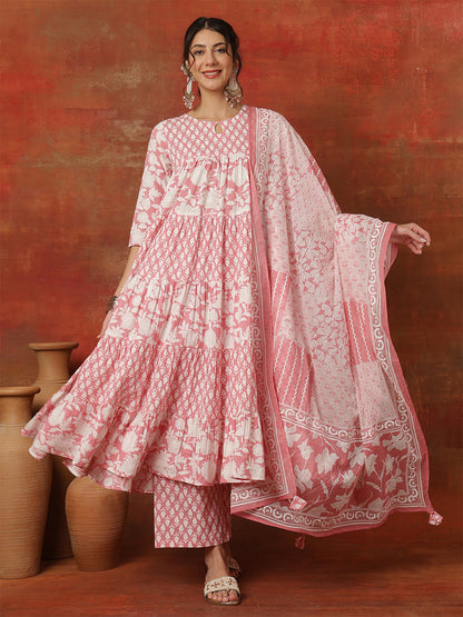Cotton Ankle  Length Printed 3/4 Sleeves Round Neck Full Flared Kurta Bottom With Dupatta (Preorder)